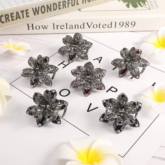 6 Pcs Metal Rhinestone Hair Clips Vintage Flower Barrette Nonslip Hair Accessori